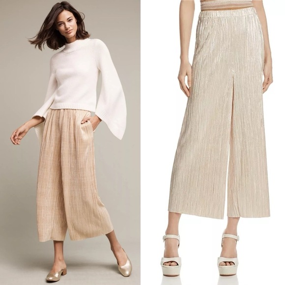 Alice and Olivia Pants Wide Leg Metallic Gold Pleated Cropped Ankle Pants - Picture 1 of 13